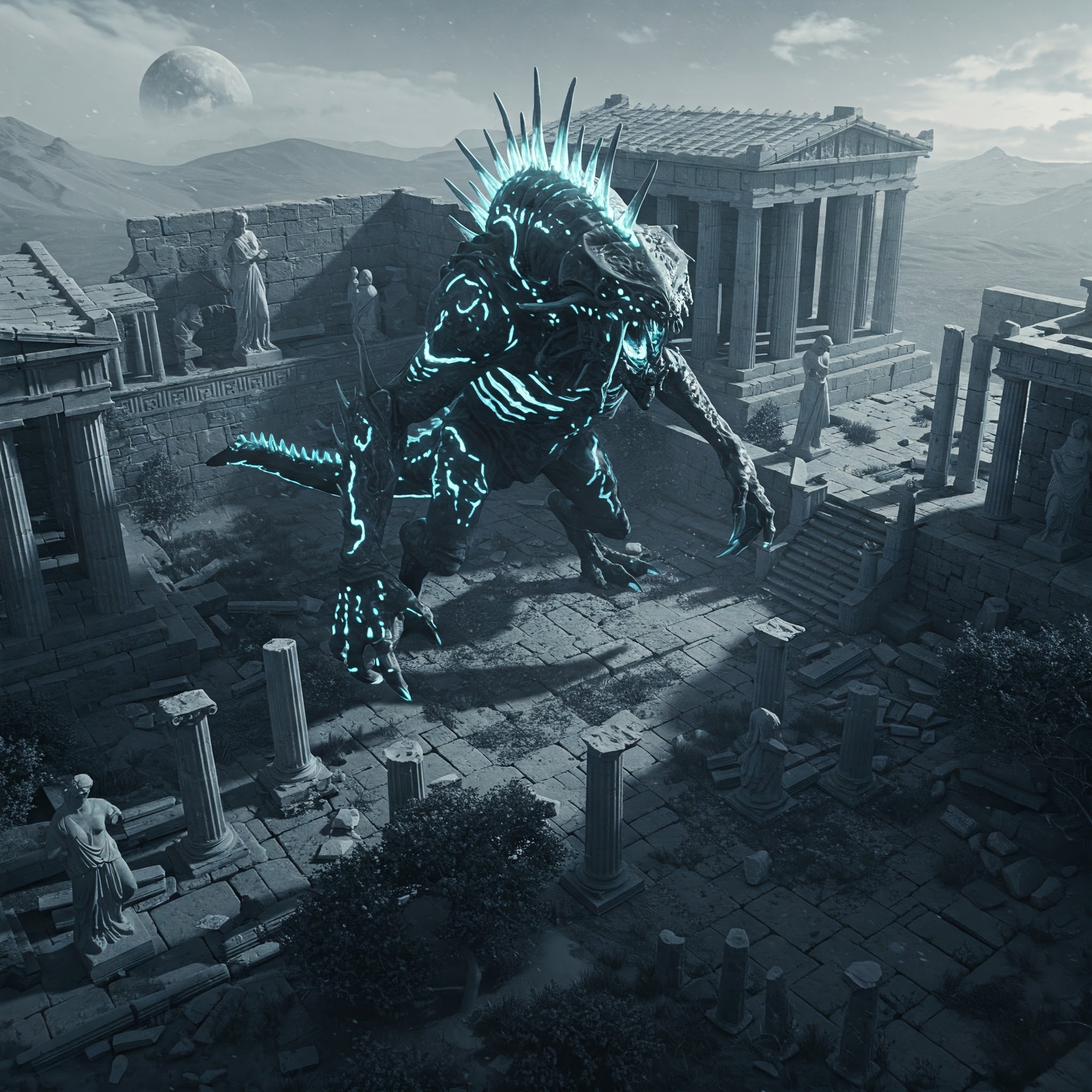 From the star-strewn void, Nyxos descended. Ancient Greece, once a land of myth and heroes, now echoes with its guttural roars. Bioluminescent trails mark its passage, a terrifying symphony of shadow and cosmic horror. Its arrival reshapes reality, leaving only ruin and dread.