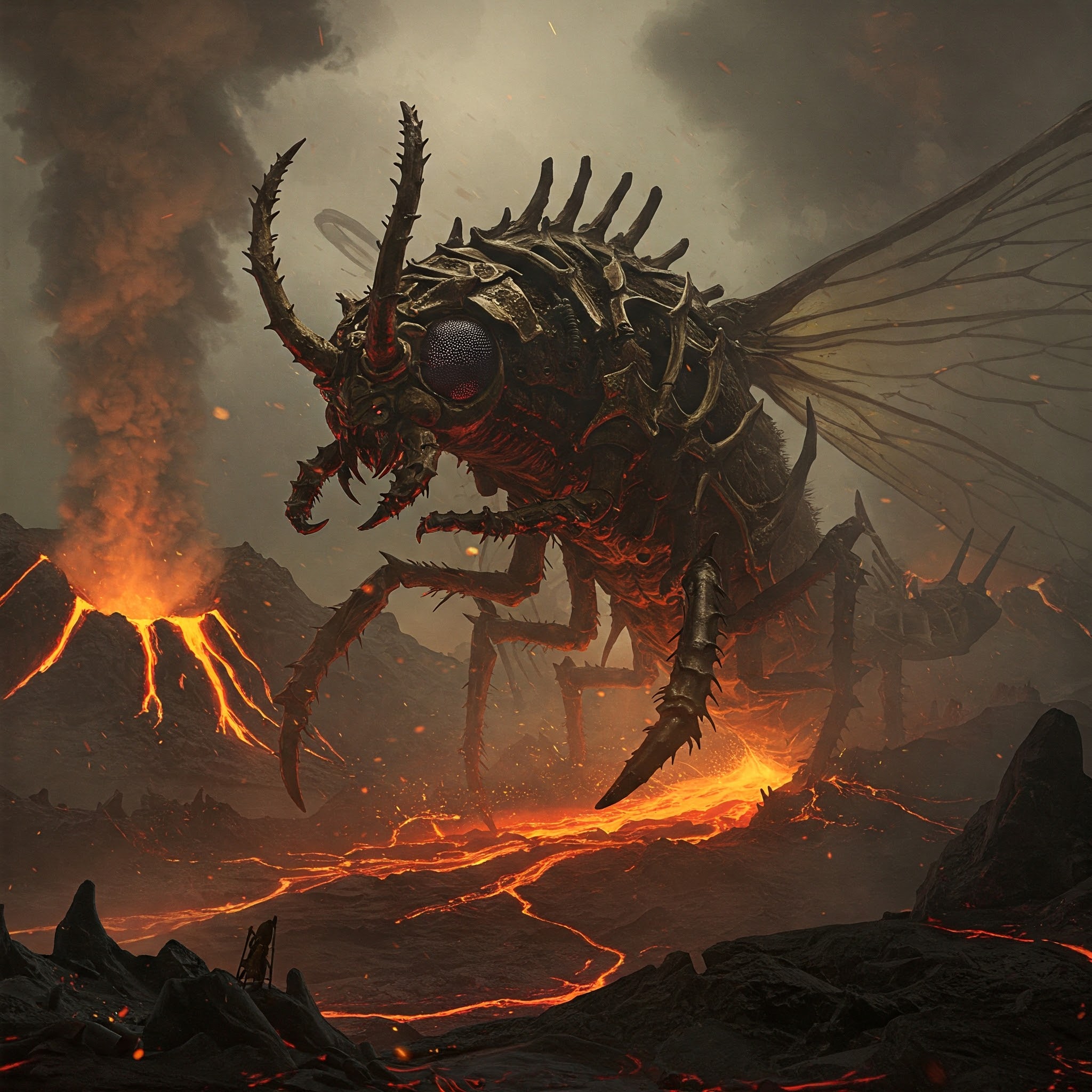 The ground trembled as Volcorg emerged from the volcanic vent, a symphony of grinding gears and hissing steam announcing its arrival. Its multifaceted eyes fixated on the horizon, glowing with malevolent intent. A wave of oppressive heat washed over the landscape, the air thick with the scent of sulfur and impending doom.