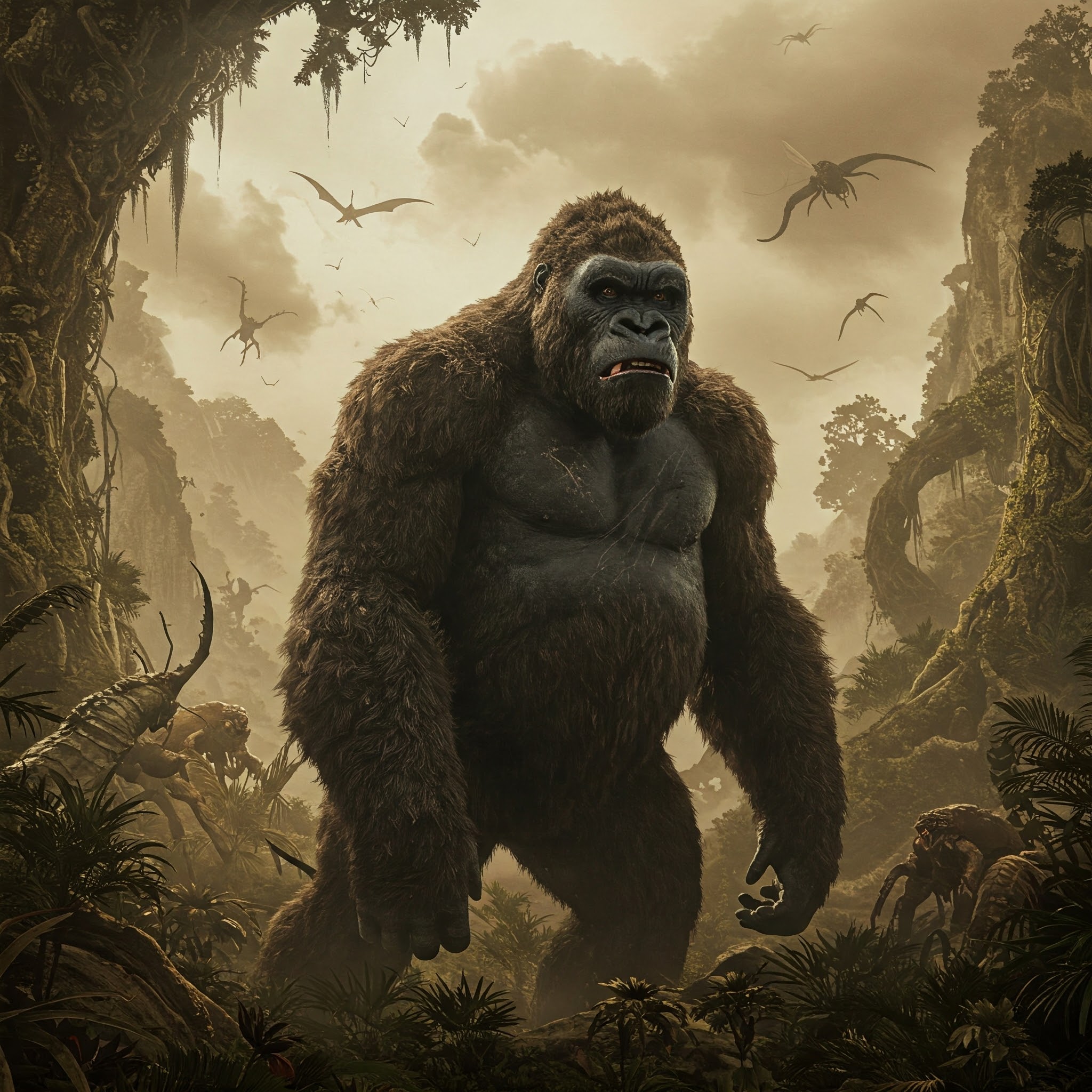 The ancient jungle held its breath as he moved, a titan among towering trees. His gaze, both fierce and knowing, swept across the landscape he commanded. A low growl rumbled in his chest, a promise of protection and a warning to any who dared trespass upon his domain.