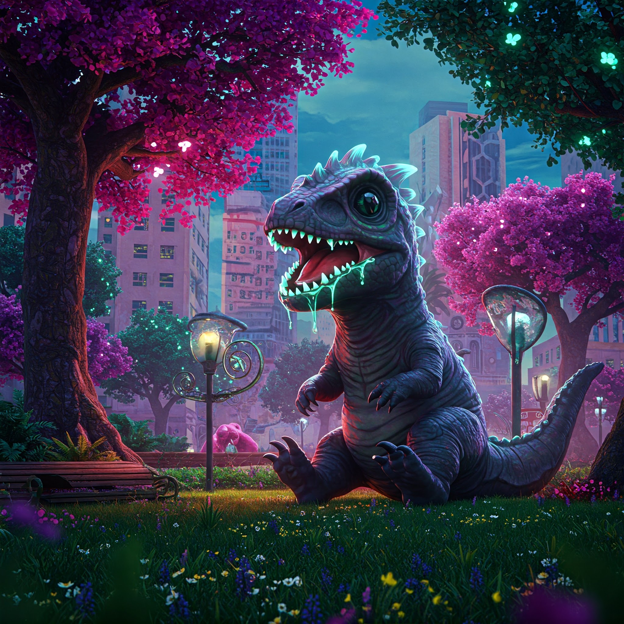 Pip tilted its large head, a bright droplet of saliva plopping onto a discarded soda can, instantly creating a fizzing hole. It then let out a soft, inquisitive chirp, its attention already diverted by a fluttering blue butterfly flitting near a patch of colorful wildflowers.